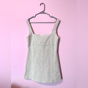H&M Light Gray Pearl Embellished Tweed Mini Dress | Size M